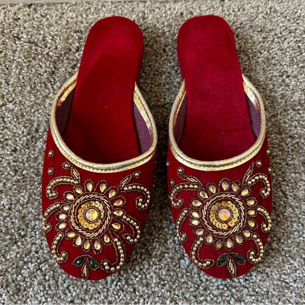 Traditional Indian Nepali Shoes for Women - Red with Sequins